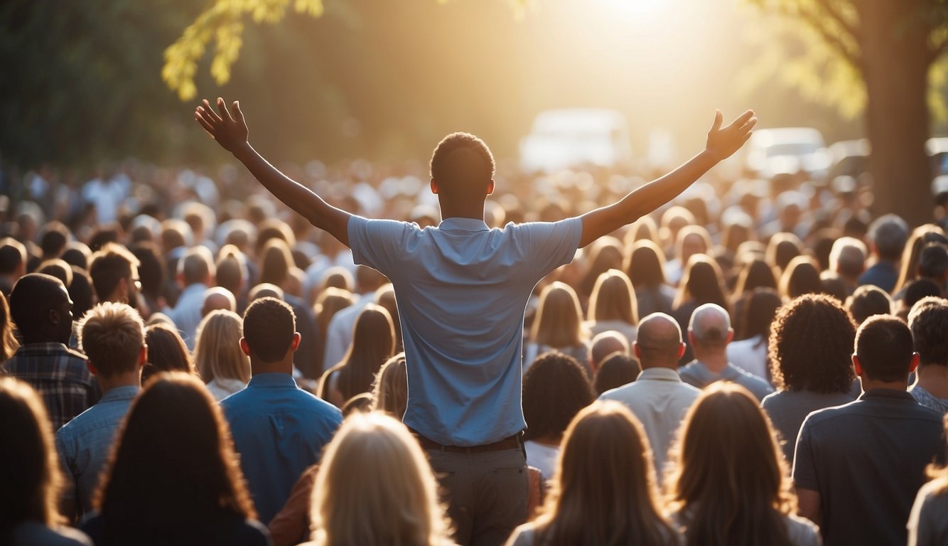 A figure stands with open arms, surrounded by diverse people. Rays of light radiate from the figure, symbolizing the spread of the faith through effective evangelism