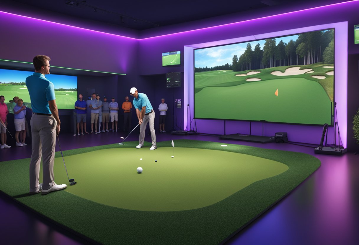 A golf simulator set up at an event, with bright lights, a large screen, and a group of people gathered around, taking turns swinging the club and watching their virtual ball soar down the fairway