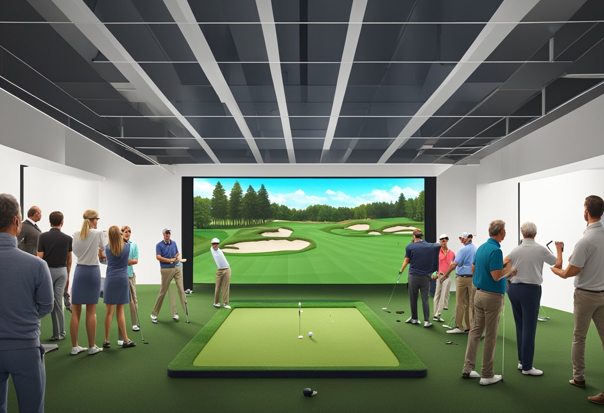 A golf simulator set up at an event, with people interacting and playing virtual golf. The backdrop is a busy and lively atmosphere, with attendees enjoying the experience