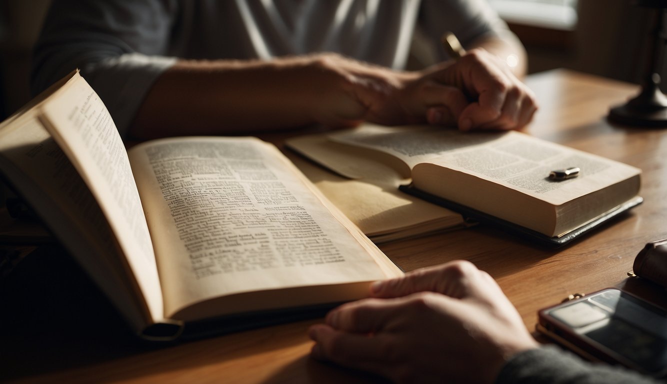 A person studying a Bible, writing notes, and practicing speaking confidently in front of a mirror. Various books on apologetics and evangelism are spread out on a desk