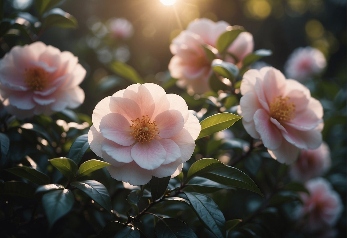 A serene garden at dawn, with vibrant camellia flowers in full bloom under the soft light of the morning sun