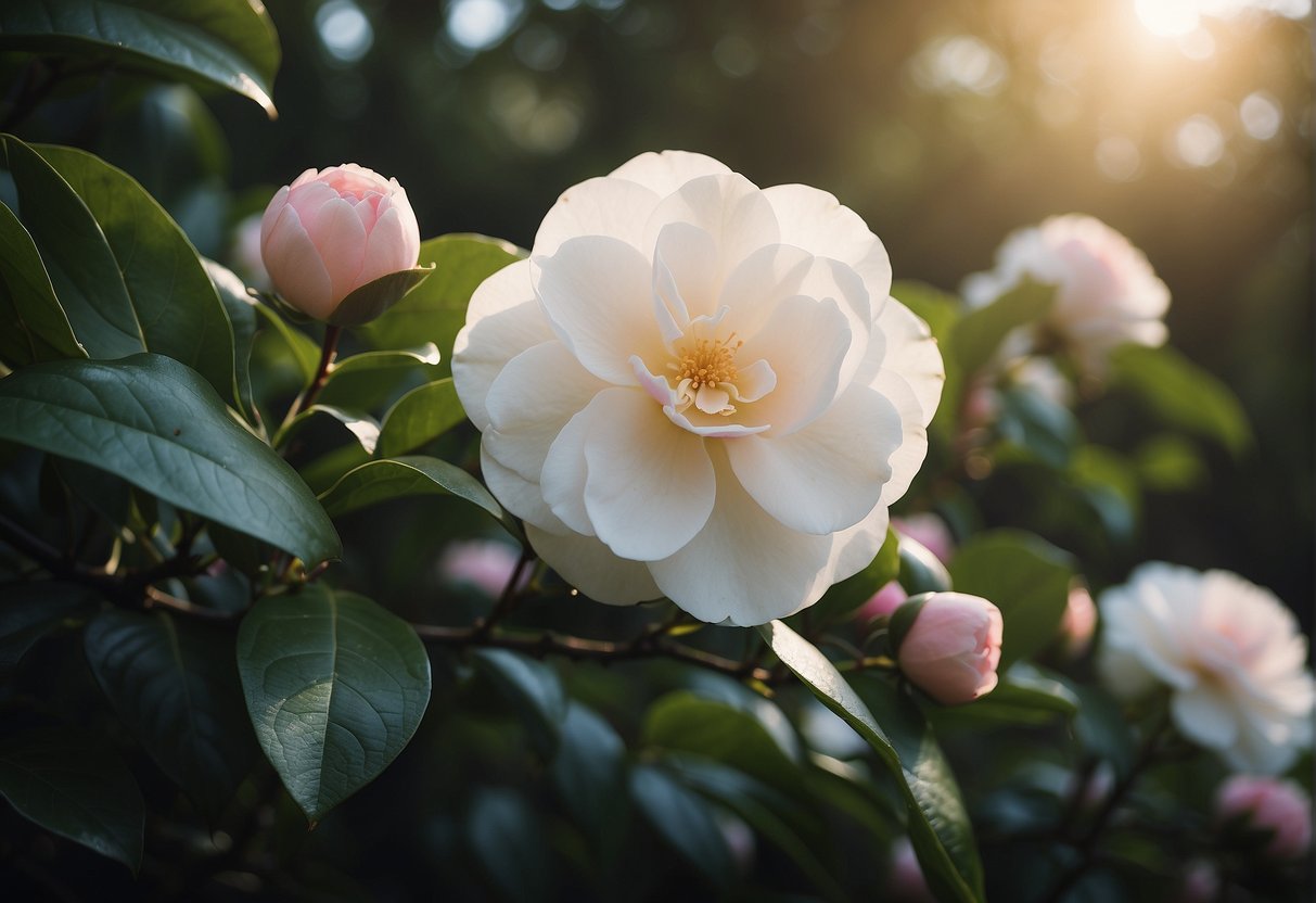 A blooming camellia bush at dawn, surrounded by lush green foliage, with delicate pink and white flowers in full bloom