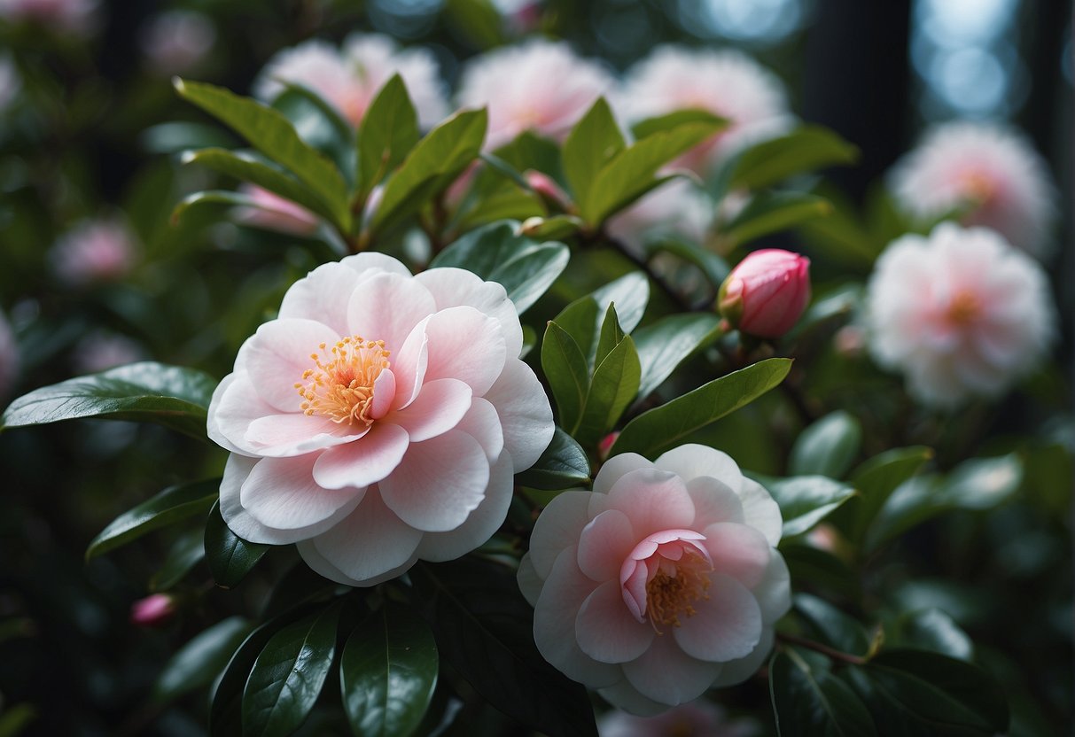 A vibrant camellia minato no akebono in full bloom, with glossy green leaves and delicate pink and white flowers