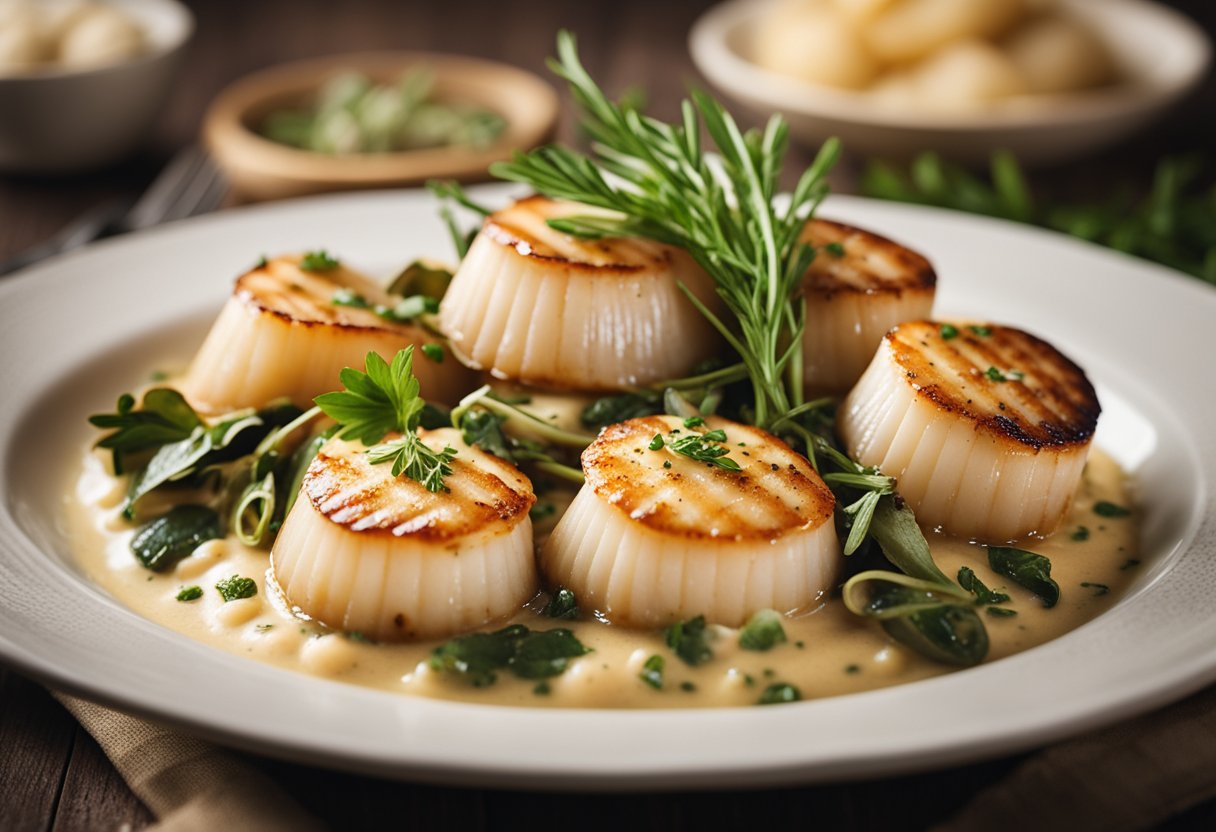 Plump scallops sizzle in a creamy garlic sauce, surrounded by vibrant Tuscan herbs and spices