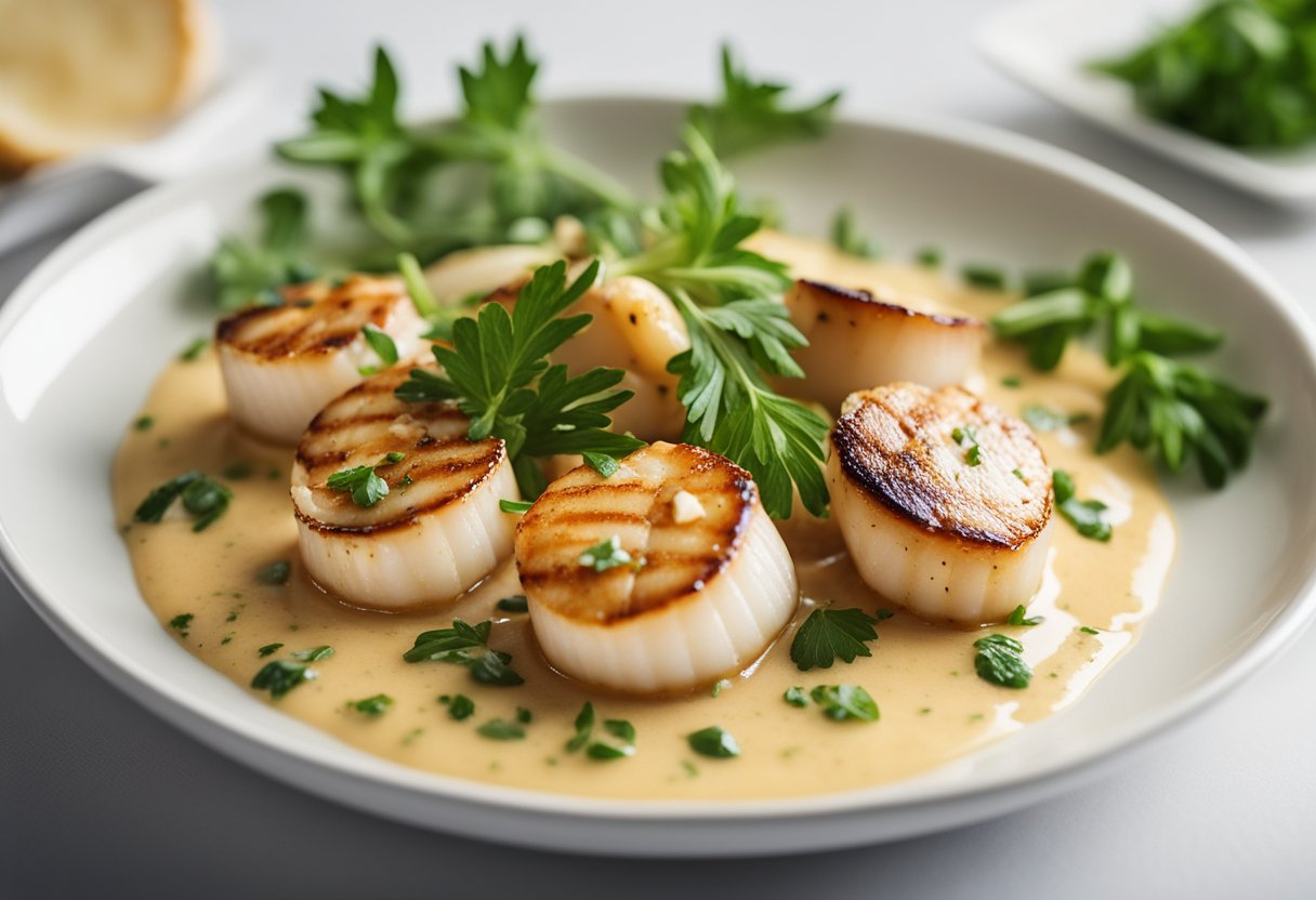 A pan of sizzling scallops in a creamy garlic sauce, surrounded by fresh herbs and served on a white plate