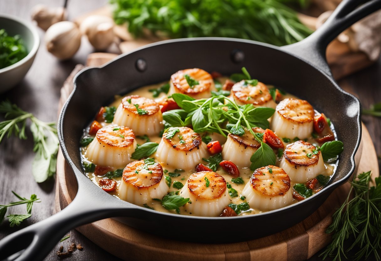 A skillet sizzles with plump scallops in a creamy garlic sauce, surrounded by fresh herbs and sun-dried tomatoes