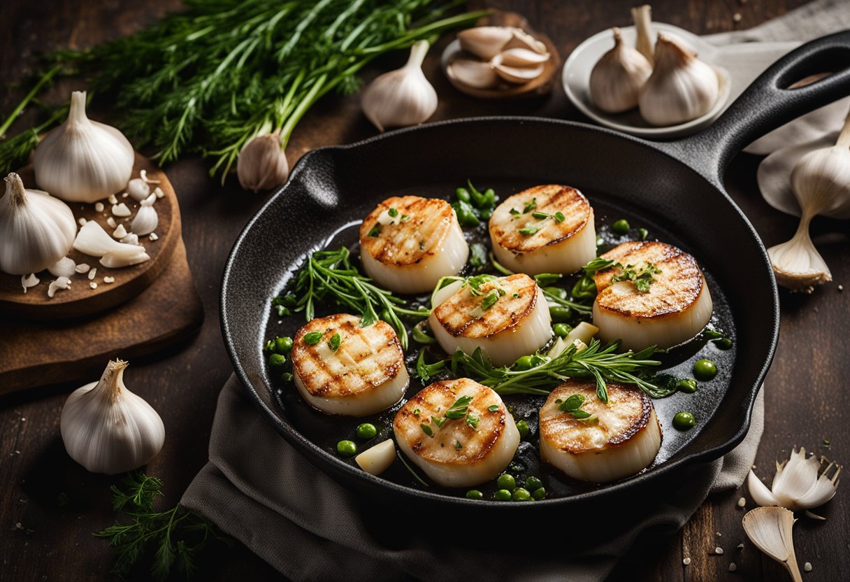 A skillet sizzling with creamy scallops, surrounded by garlic, herbs, and kitchen tools like tongs, a whisk, and a cutting board