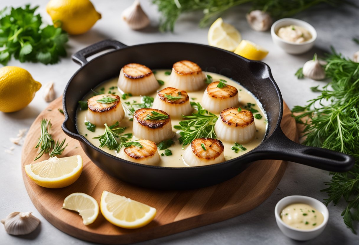 Scallops sizzling in a pan with creamy garlic sauce, surrounded by fresh herbs and lemon slices