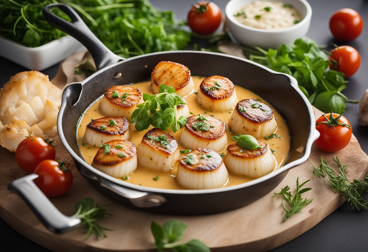 Scallops sizzling in a creamy garlic sauce, surrounded by fresh herbs and tomatoes in a sizzling pan