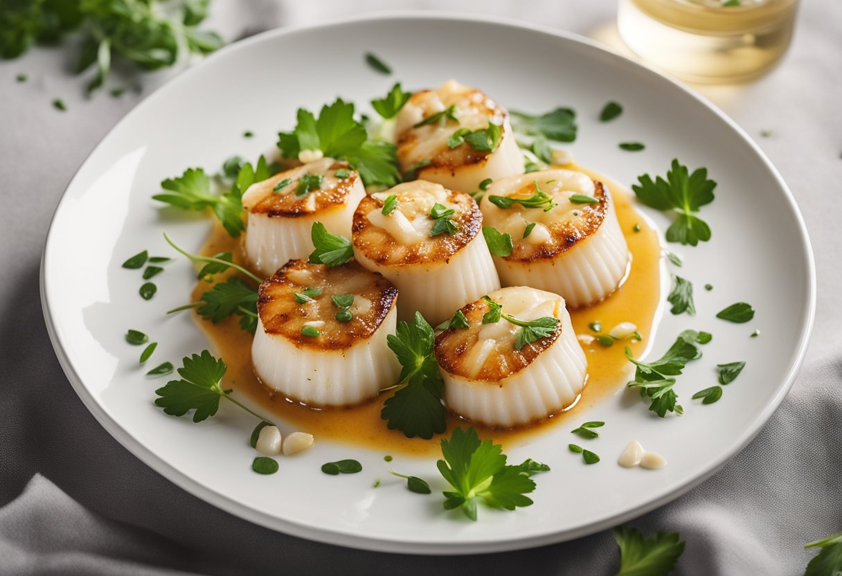 A white plate with creamy garlic scallops, garnished with fresh herbs and drizzled with a rich, golden sauce