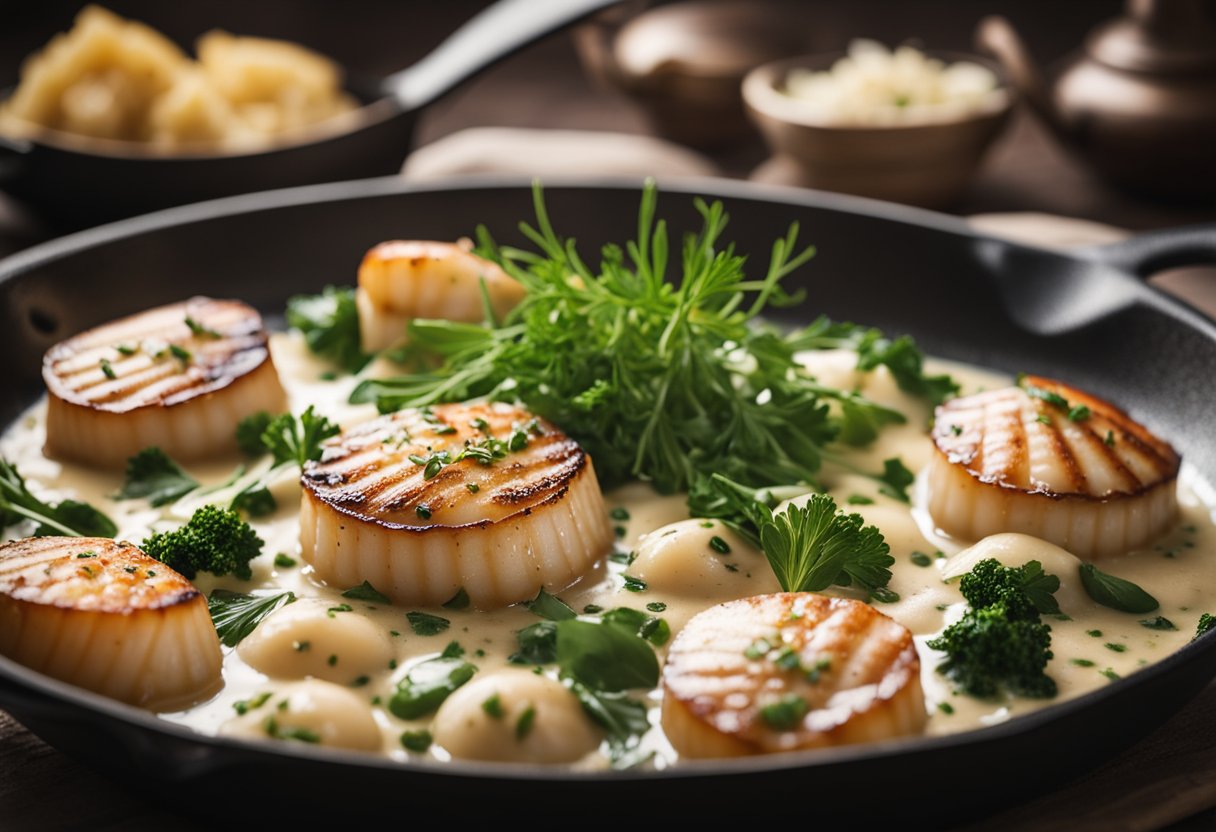 A skillet sizzling with plump scallops in a creamy garlic sauce, surrounded by fresh herbs and a hint of Tuscan charm