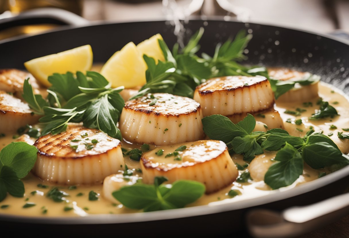 A skillet sizzles with plump scallops in a creamy garlic sauce, surrounded by vibrant Tuscan herbs and a splash of lemon juice