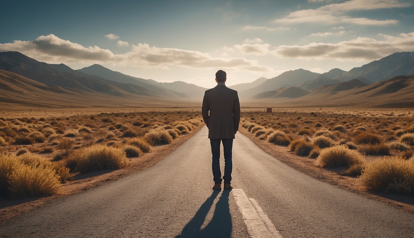 A person standing at a crossroads, with one path leading to "Building a Discipleship Path" and the other to "How to defend the faith: Tips for effective evangelism." The person is pondering which path to take