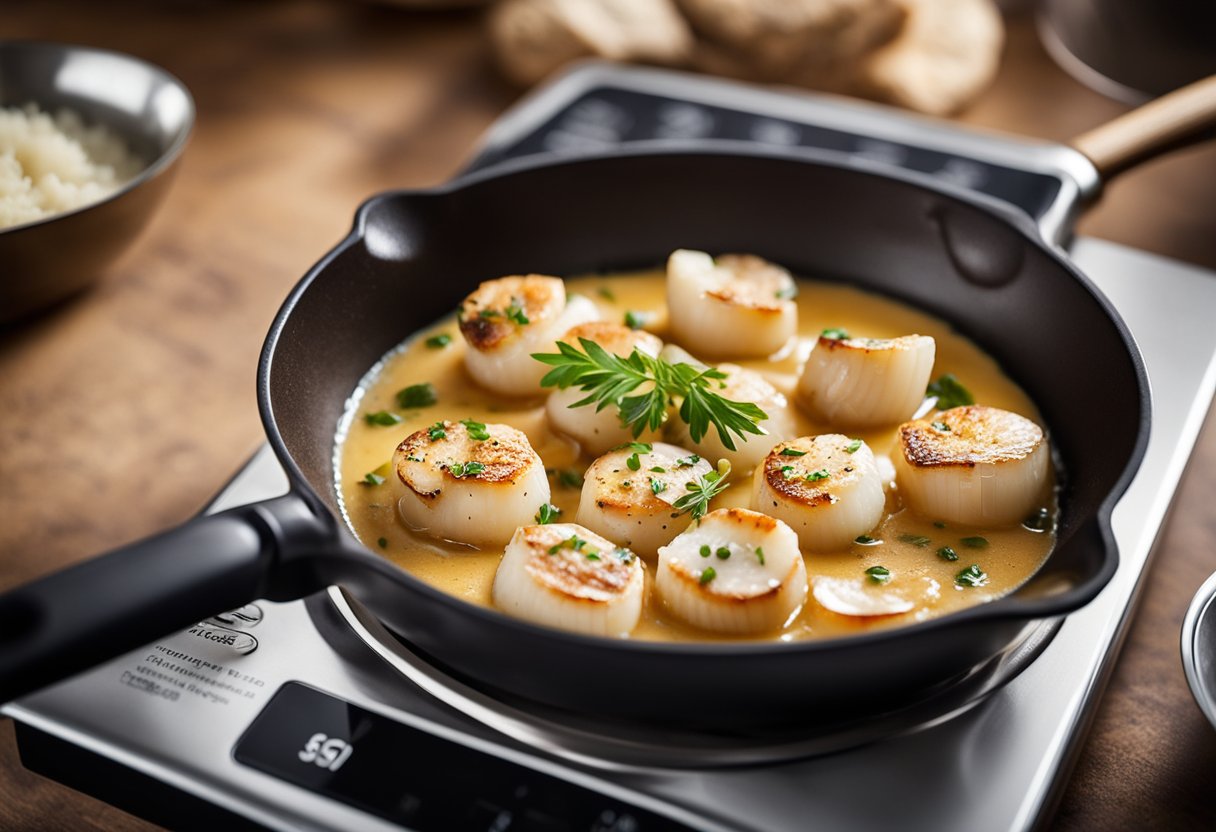 A stovetop with a pan containing creamy Tuscan garlic scallops, a spoon for stirring, and a label with storage and reheating instructions