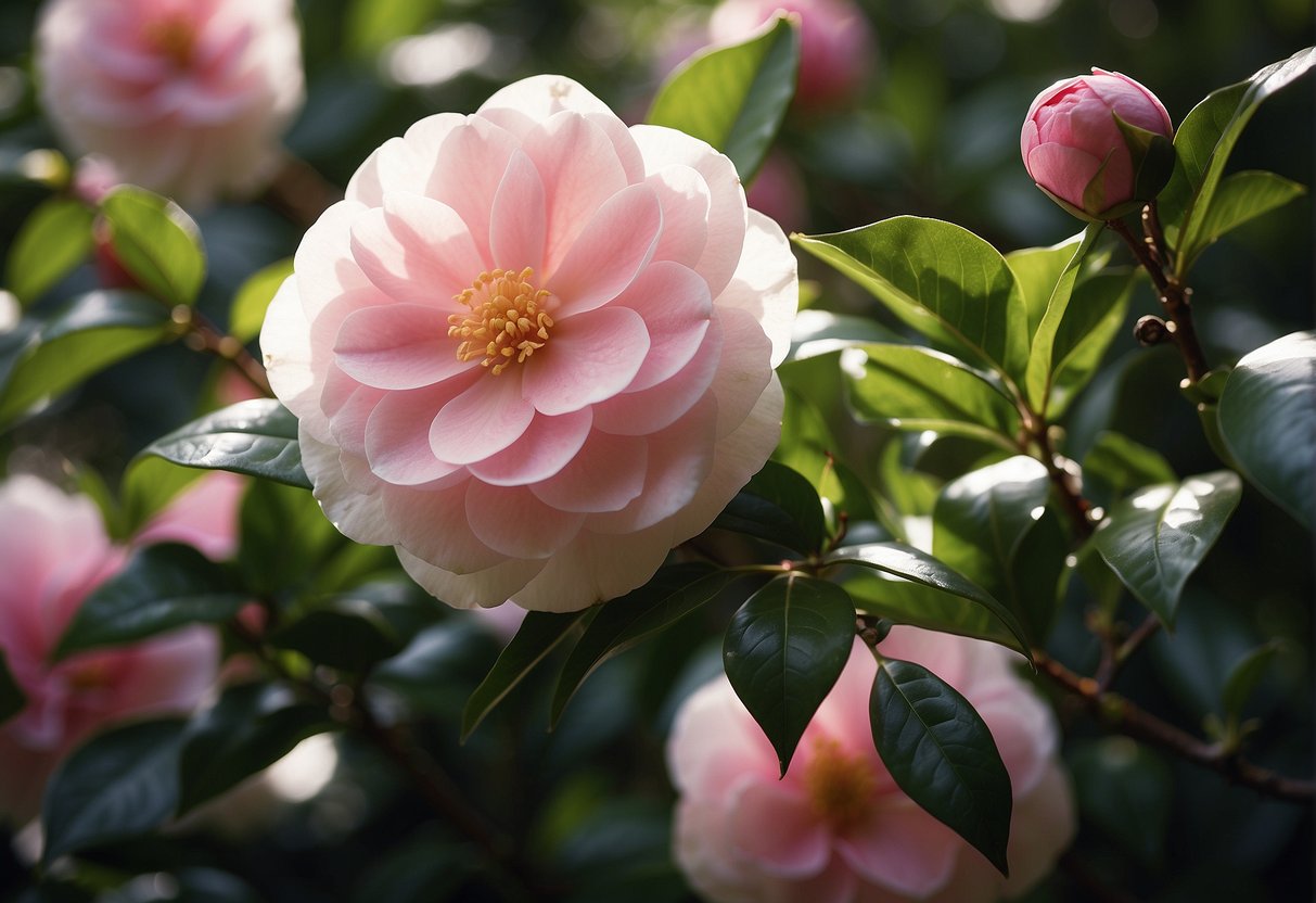 Blooming camellias in a lush garden, with vibrant pink and white petals, surrounded by green foliage and dappled sunlight