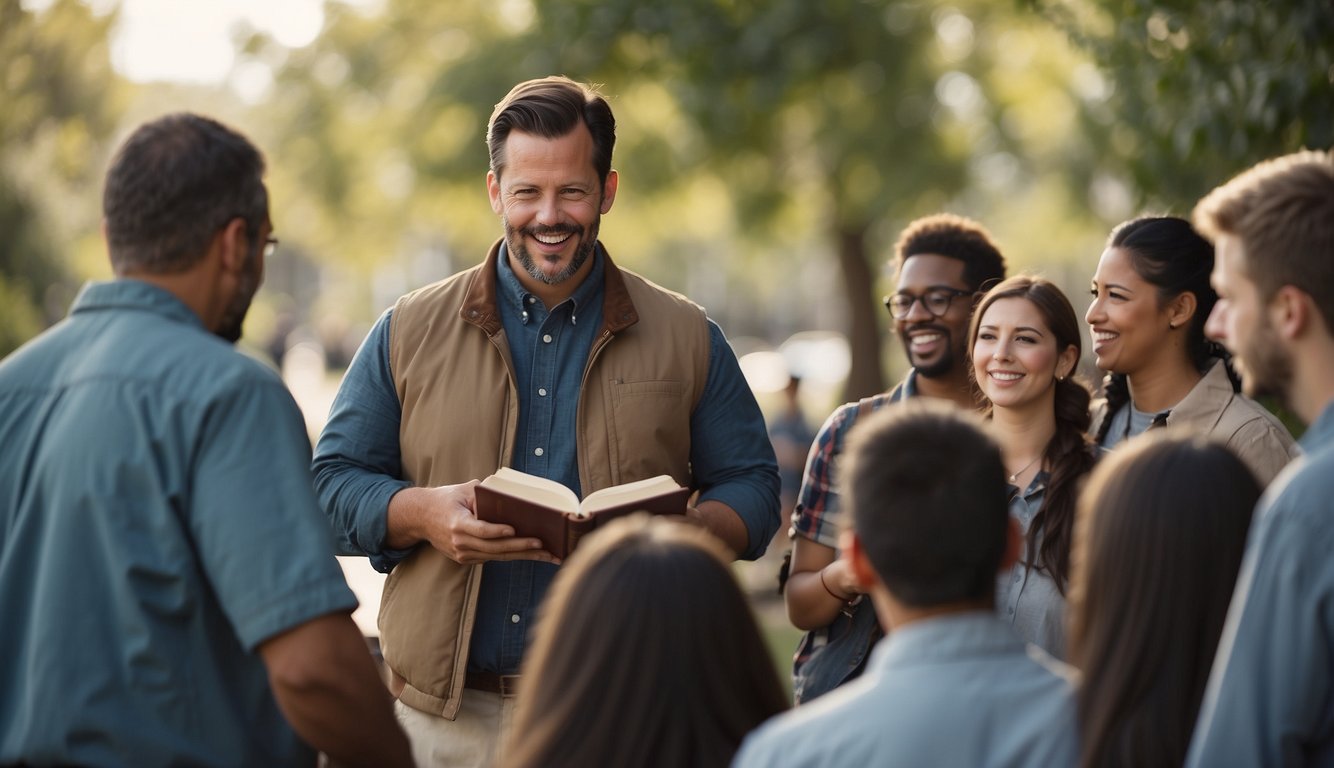 A person holding a Bible and engaging in conversation with a group of people, illustrating the role of theology in evangelism and the effective defense of faith