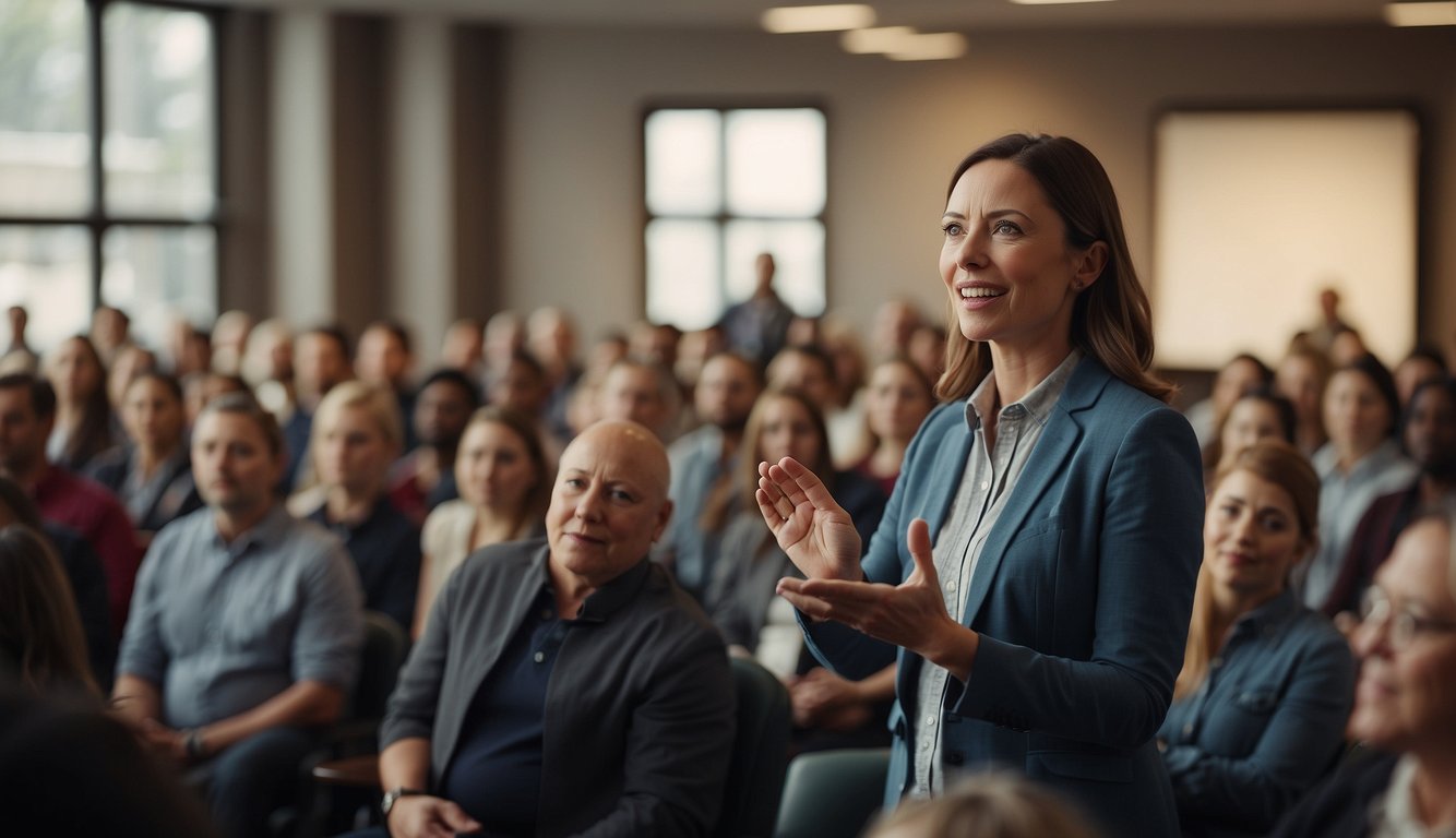 A person speaking confidently to a group, using hand gestures to emphasize key points. The audience is engaged and nodding in agreement. A banner in the background reads "Enhancing Evangelistic Impact."