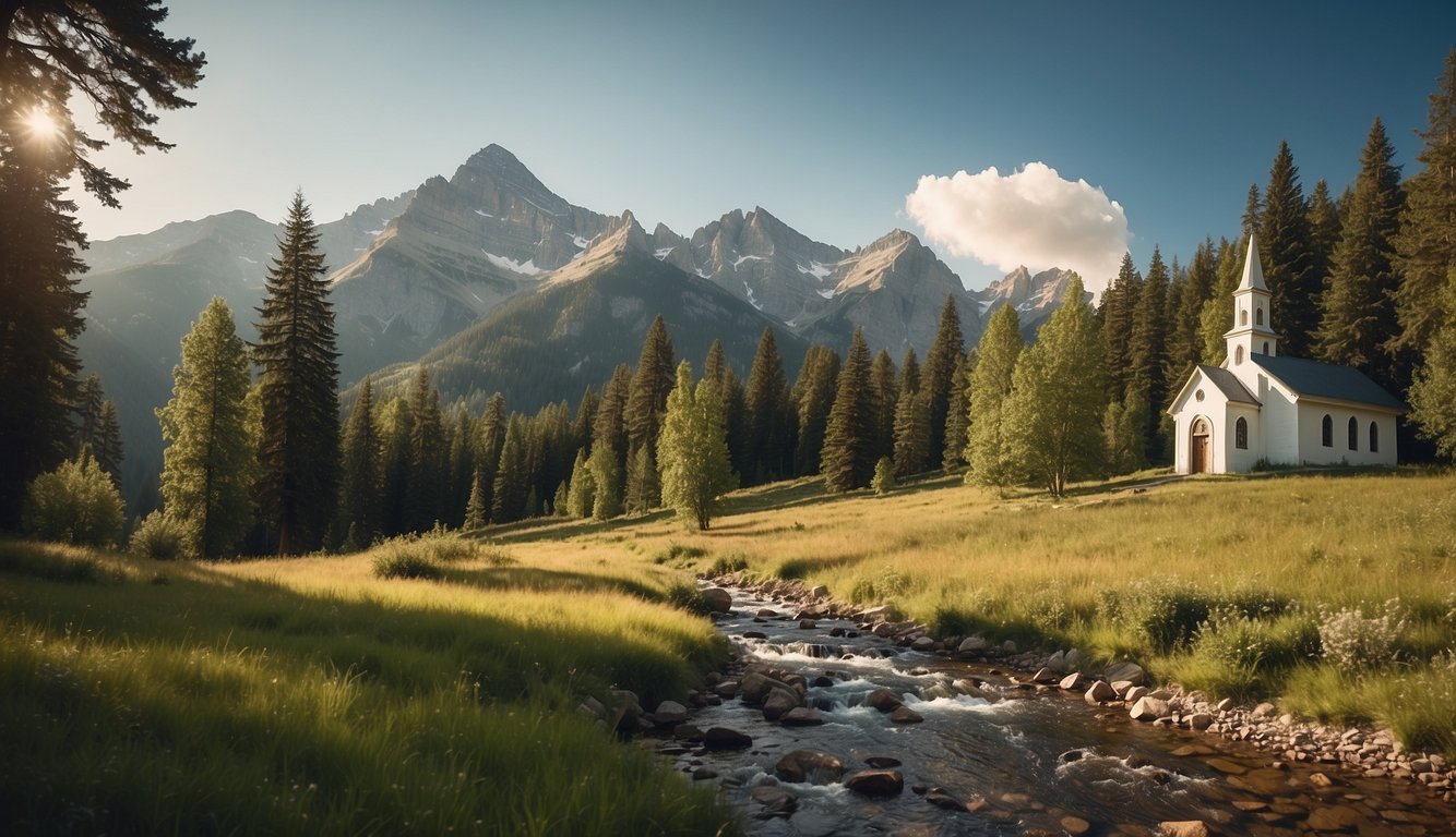 A serene mountain landscape with a small chapel nestled among the trees, surrounded by peaceful meadows and a flowing stream, evoking a sense of spiritual renewal and connection to nature