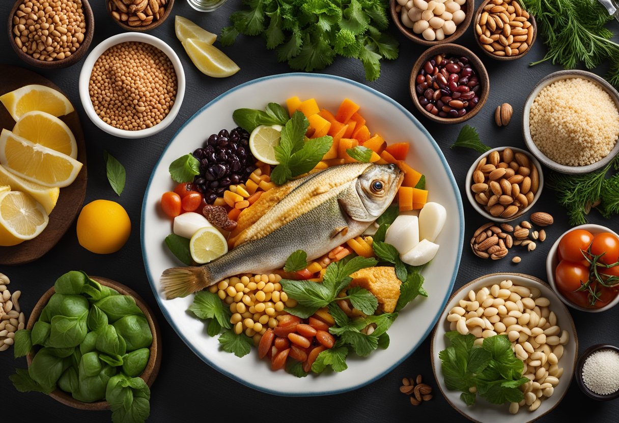 A table set with a variety of Mediterranean foods, including fish, legumes, nuts, and vegetables, with a focus on protein-rich ingredients