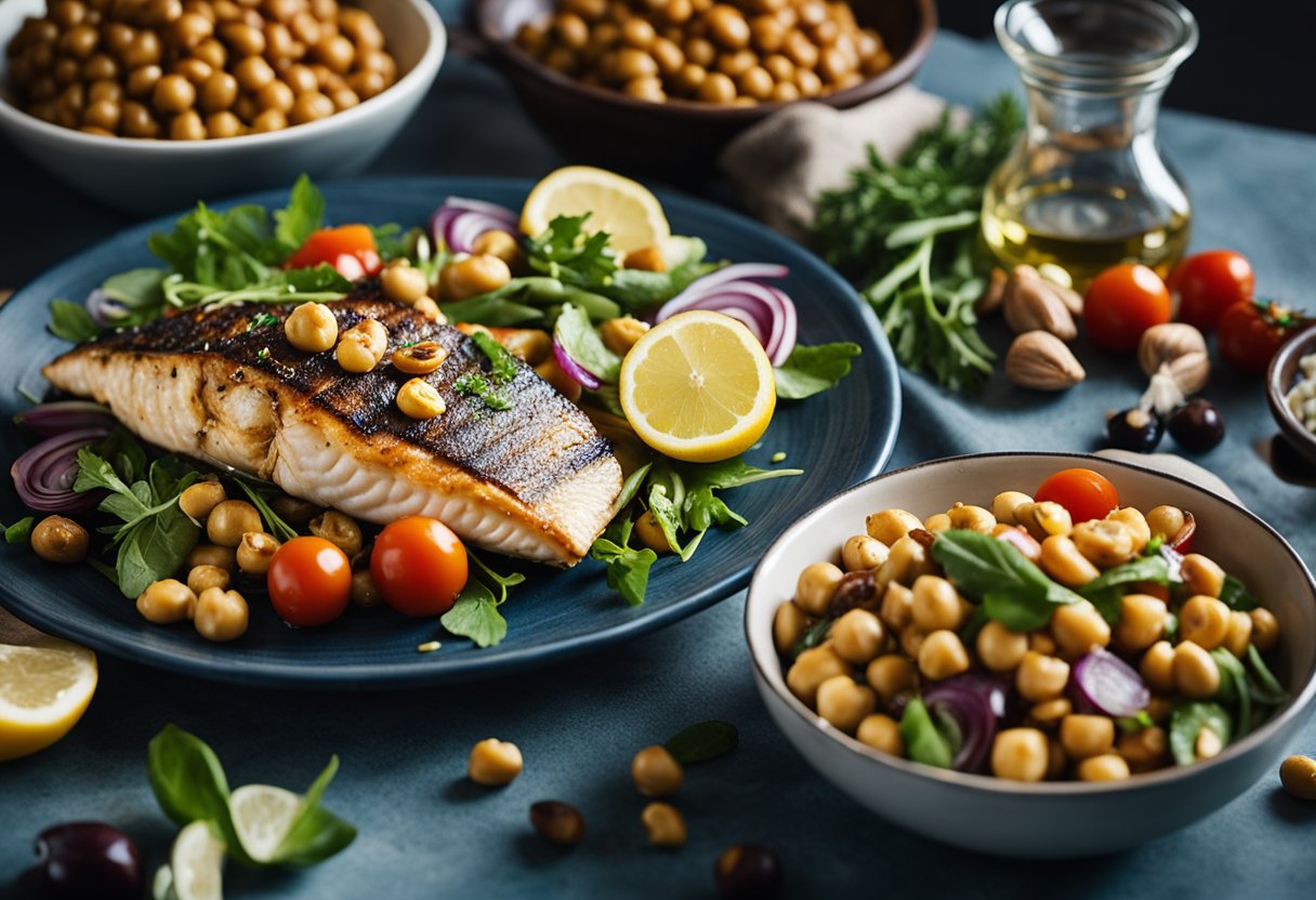 A table set with colorful, fresh Mediterranean ingredients like grilled fish, chickpea salad, and roasted vegetables. A bottle of olive oil and a bowl of mixed nuts add to the high-protein dinner scene