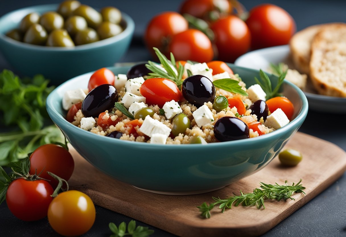 A table set with colorful Mediterranean ingredients: olives, tomatoes, feta, and fresh herbs. A bowl of quinoa and grilled chicken