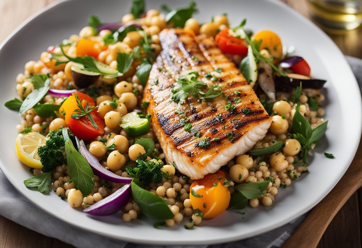 A sizzling pan of grilled fish with vibrant vegetables, drizzled with olive oil and sprinkled with fresh herbs. A bowl of quinoa and chickpea salad on the side