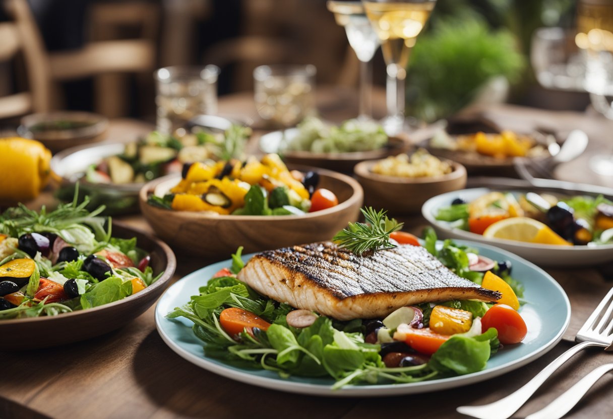 A table set with colorful, nutrient-rich Mediterranean dishes, including grilled fish, roasted vegetables, and a variety of fresh salads