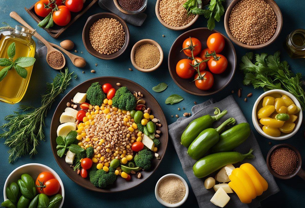 A table set with colorful, fresh vegetables, lean proteins, and whole grains, surrounded by olive oil, herbs, and spices, evoking a Mediterranean diet dinner