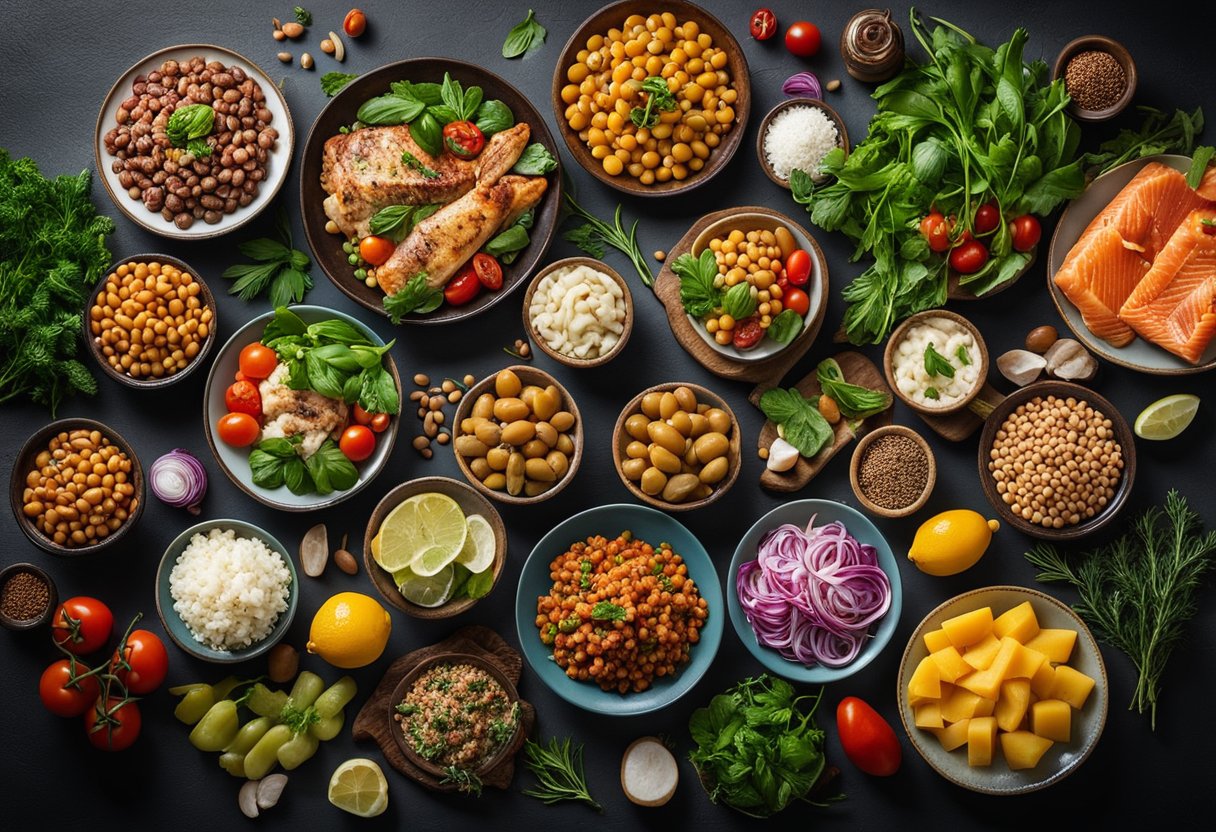 A table set with a colorful array of Mediterranean dishes, featuring high-protein ingredients like fish, lean meats, and legumes, surrounded by fresh herbs and vibrant vegetables