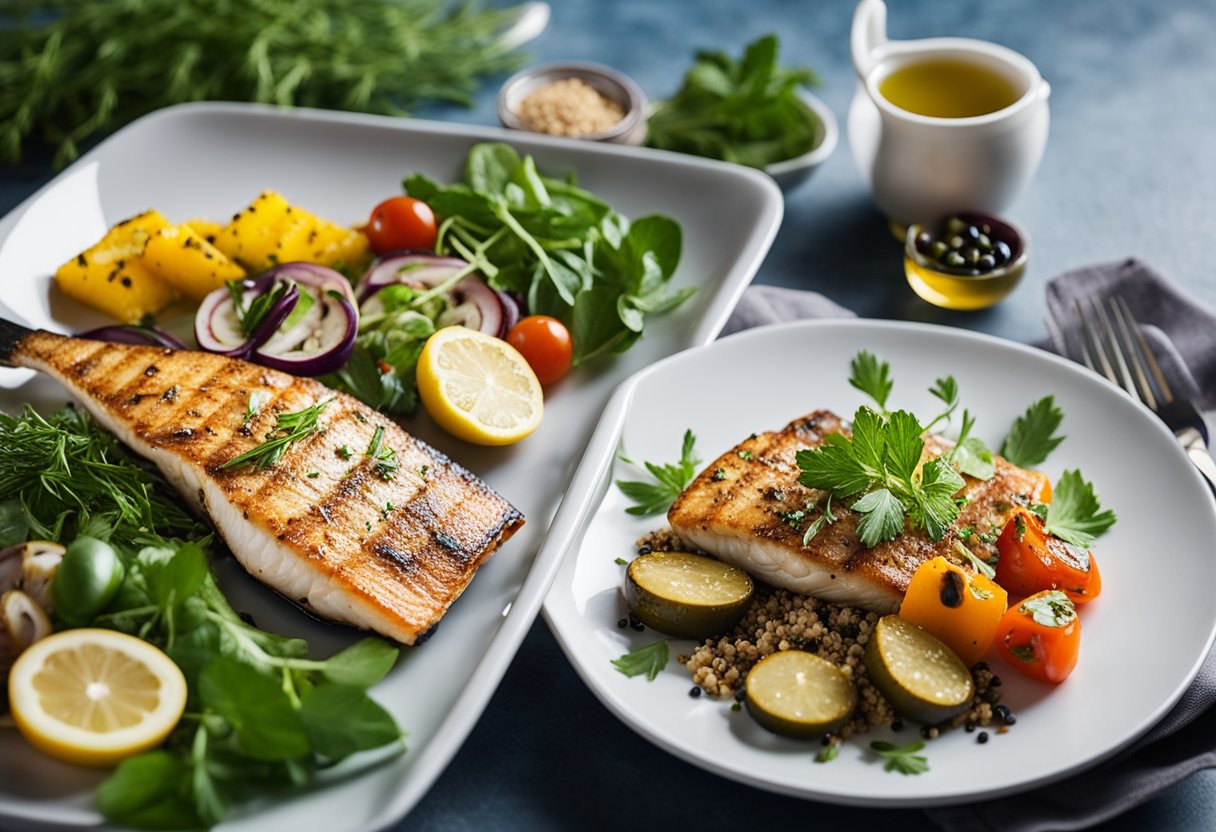 A table set with colorful dishes of grilled fish, roasted vegetables, and quinoa salad, surrounded by fresh herbs and olive oil