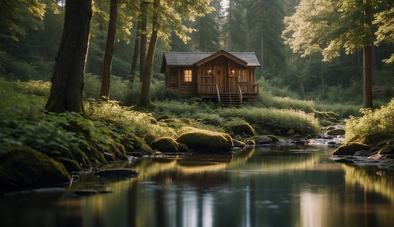 A tranquil forest clearing with a small cabin, surrounded by towering trees and a peaceful stream, evoking a sense of solitude and spiritual renewal