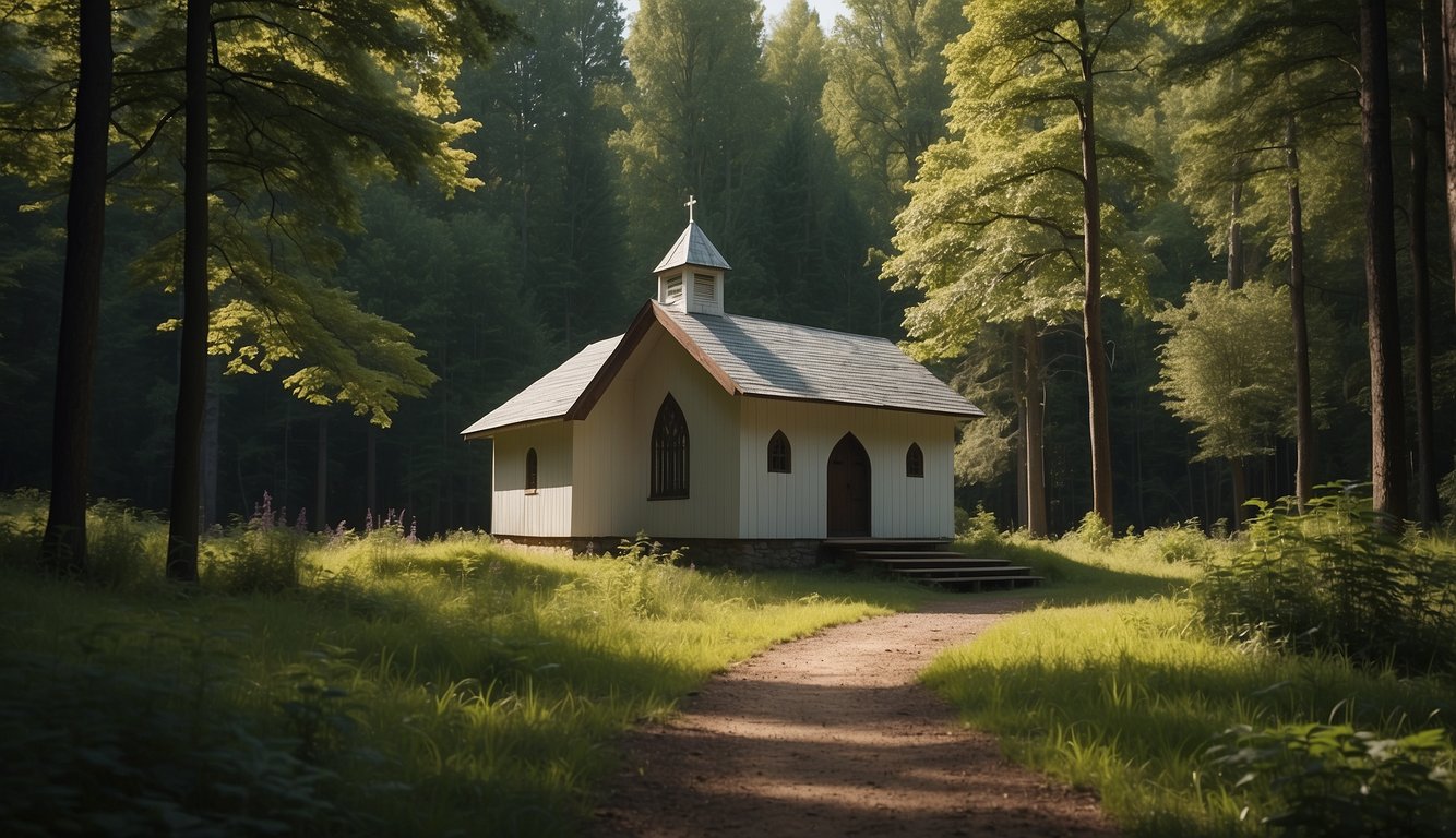 A serene forest clearing with a small chapel nestled among the trees, surrounded by peaceful nature and a sense of spiritual tranquility