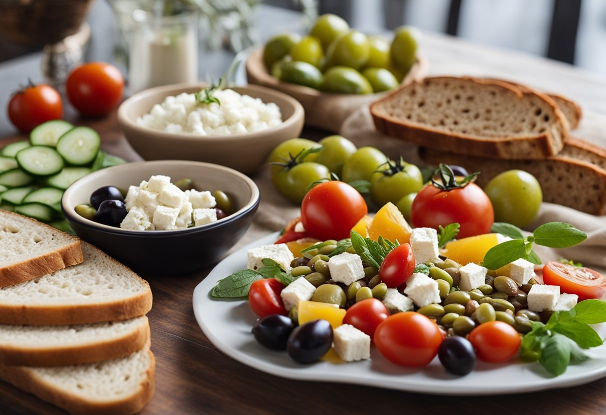 A table set with colorful Mediterranean lunch ingredients, including olives, tomatoes, cucumbers, feta cheese, and whole grain bread