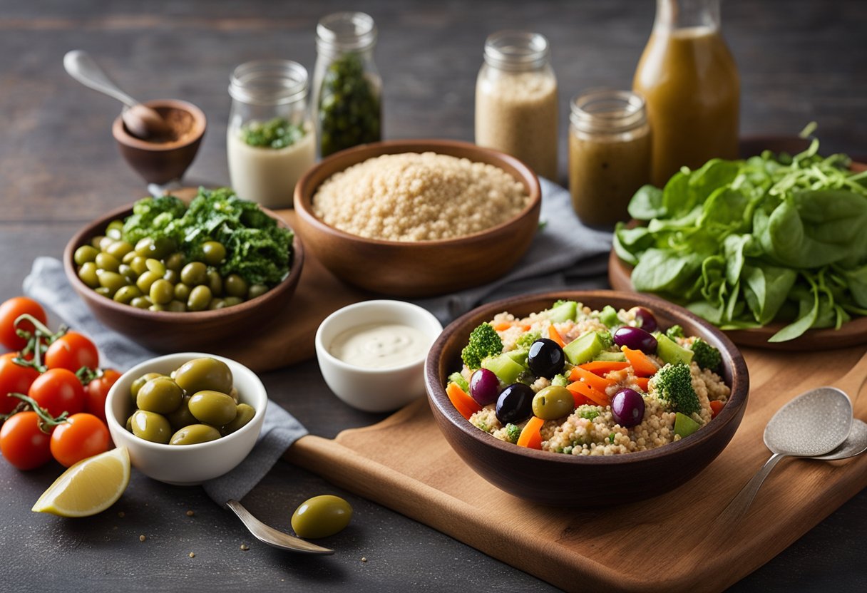 A colorful array of fresh vegetables, olives, hummus, and whole grains arranged on a wooden platter. A bowl of quinoa salad and a glass of water complete the Mediterranean-inspired lunch spread