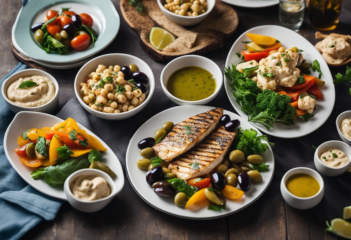 A table set with colorful Mediterranean dishes, including grilled fish, fresh vegetables, olives, and hummus, ready for a healthy lunch