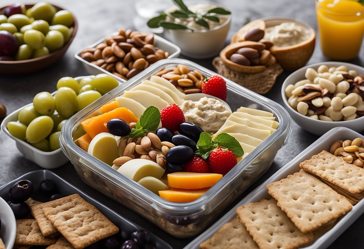 A table set with a variety of Mediterranean diet snacks, including olives, hummus, whole grain crackers, fresh fruits, and nuts. A lunchbox filled with prepped Mediterranean meals sits nearby