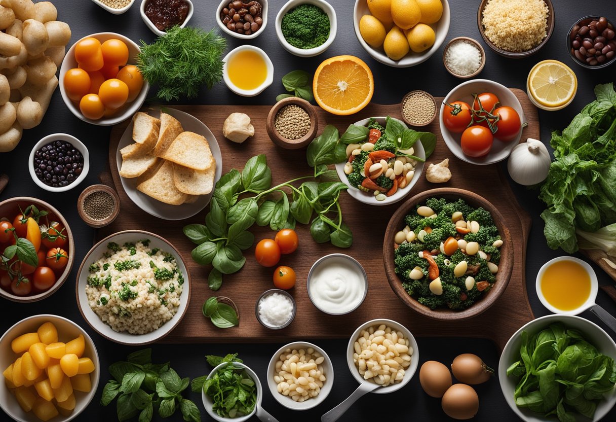 A kitchen counter with prepped Mediterranean lunch ingredients, containers, and utensils laid out neatly for easy assembly