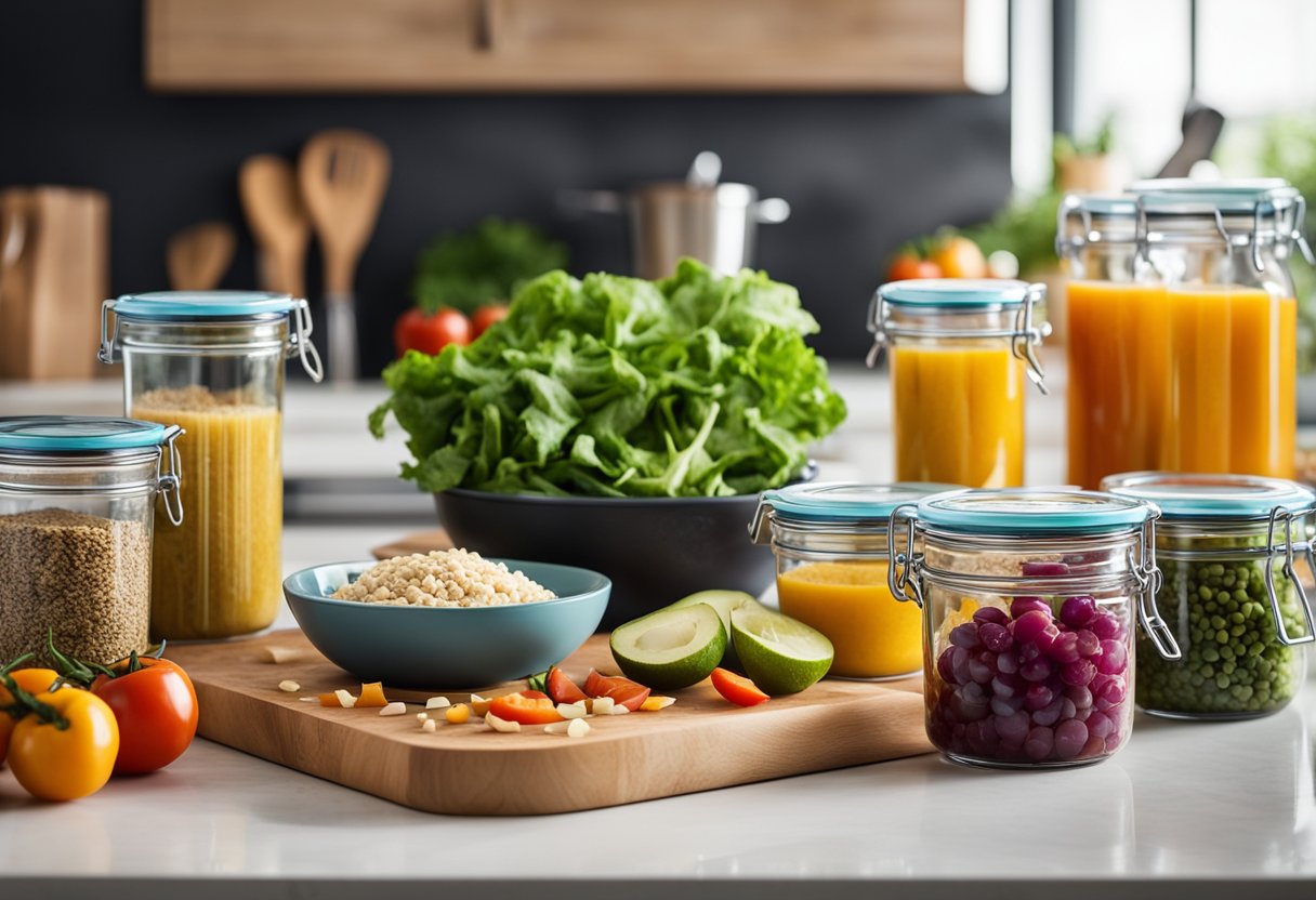 A kitchen counter with various containers filled with colorful Mediterranean diet lunch ingredients, surrounded by cutting boards, knives, and meal prep utensils