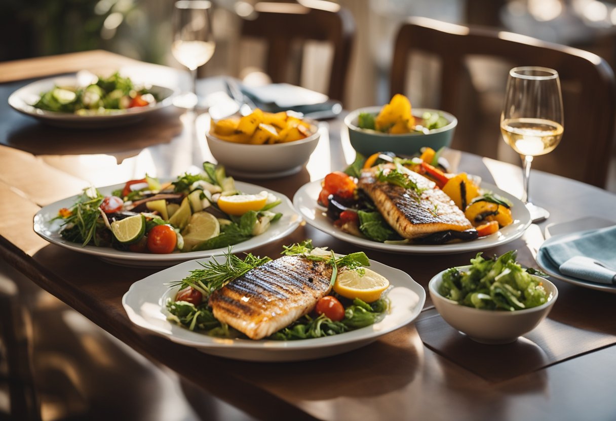 A table set with colorful plates of grilled fish, roasted vegetables, and fresh salads. Sunlight streams in through open windows, casting a warm glow on the Mediterranean-inspired dishes