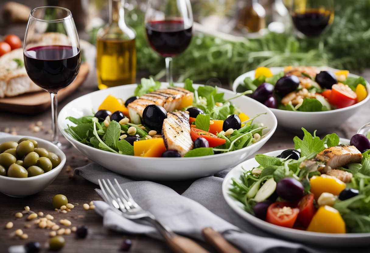 A table set with colorful vegetables, olives, olive oil, herbs, and grains. A bowl of fresh salad, a plate of grilled fish, and a glass of red wine complete the Mediterranean dinner scene