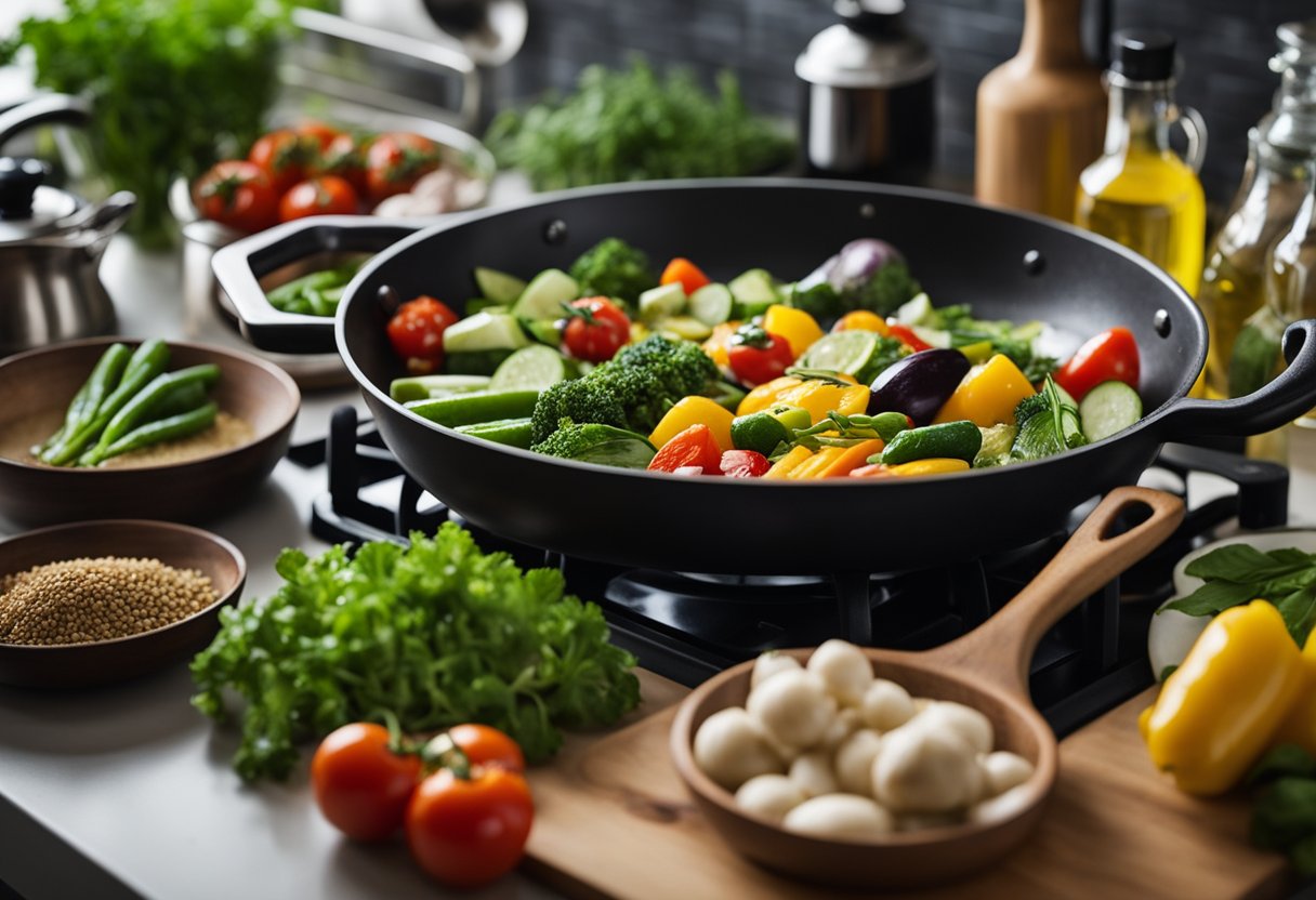 Fresh ingredients arranged on a kitchen counter, with herbs, olive oil, and a variety of colorful vegetables. A pan sizzling on the stove, steam rising as a dish is being prepared