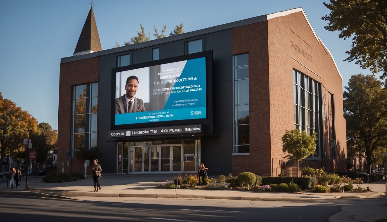 A church building with a digital billboard displaying service times and events. People outside using smartphones to access church website and social media