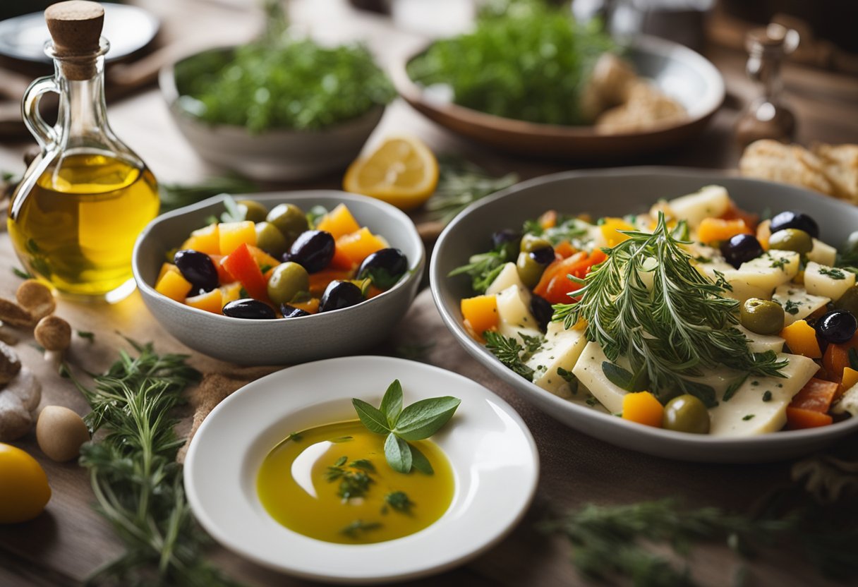 A table set with colorful Mediterranean dishes, fresh herbs, and olive oil. A warm, inviting atmosphere with soft lighting and a hint of spring in the air