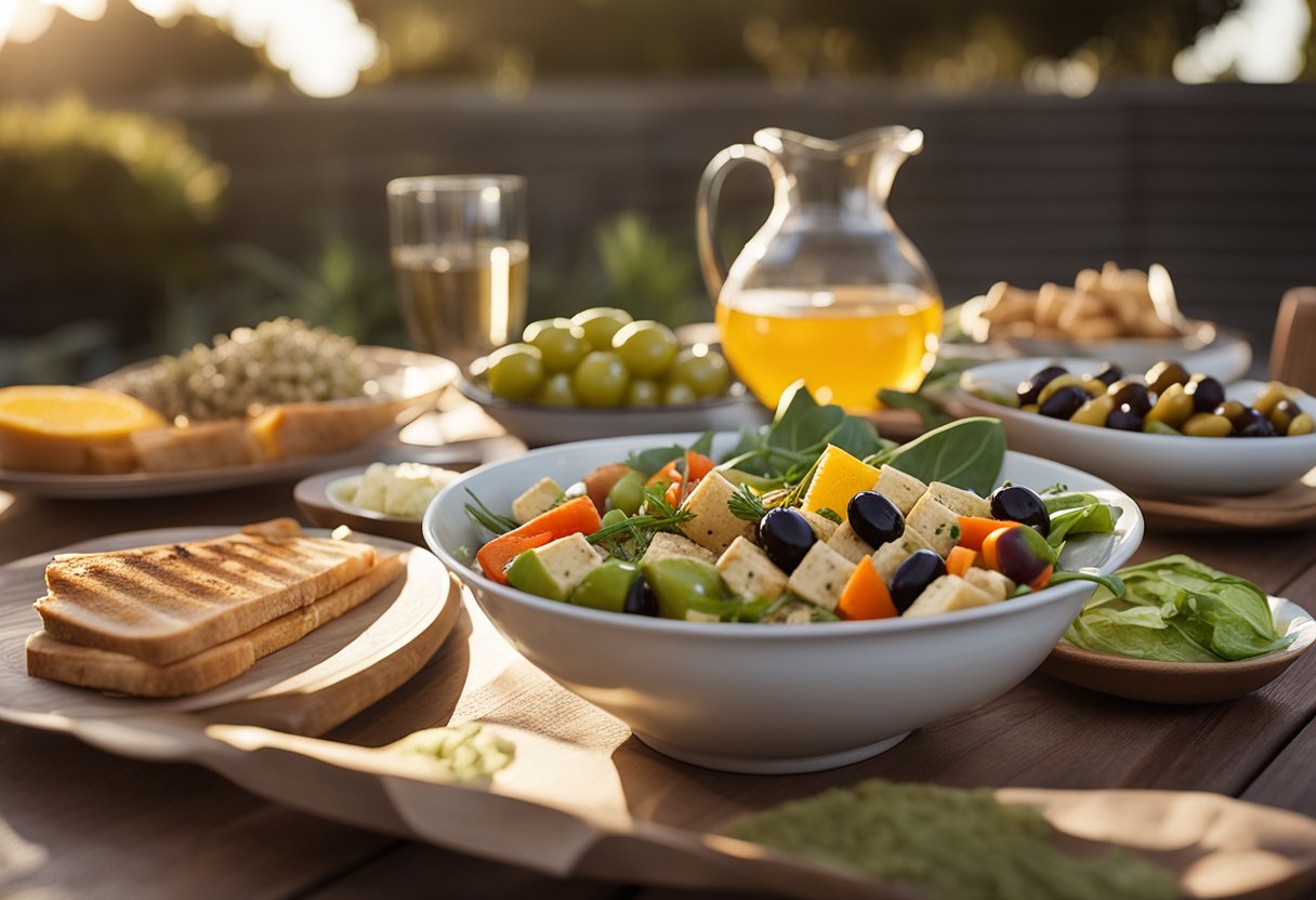 A table set with colorful plates of fresh vegetables, olives, hummus, and grilled tofu. The setting sun casts a warm glow over the scene, creating a relaxed and inviting atmosphere for a Mediterranean dinner