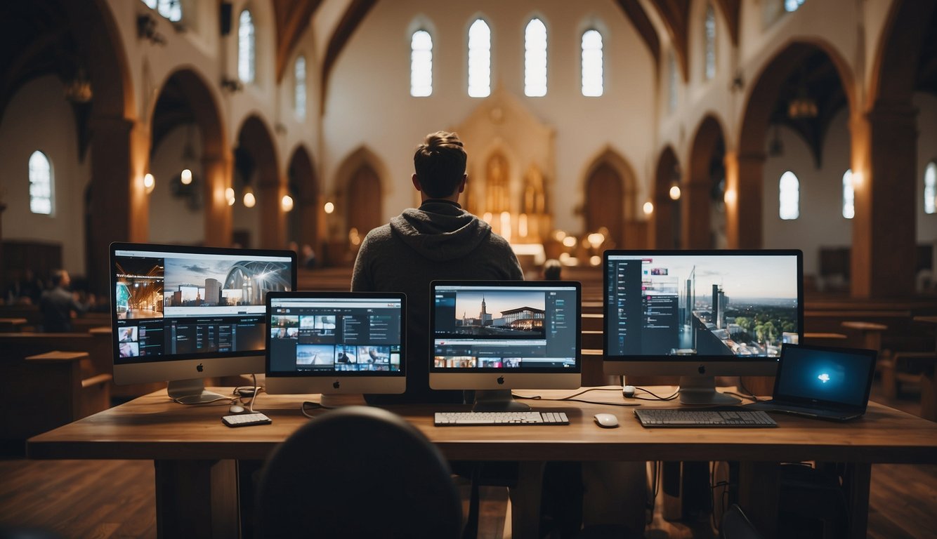 A church building surrounded by digital devices and screens, with people engaging in online worship and outreach activities