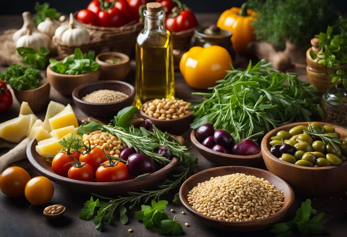 A table set with fresh vegetables, olive oil, herbs, and grains. A colorful array of ingredients for Mediterranean cuisine