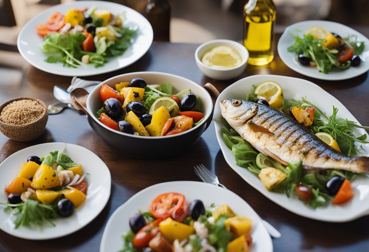 A table set with colorful Mediterranean dishes: grilled fish, roasted vegetables, and fresh salads. A bottle of olive oil and a bowl of olives complete the scene