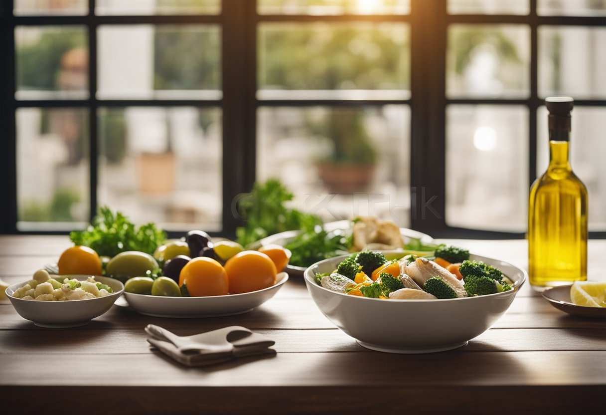 A table set with fresh vegetables, olive oil, and fish. A cookbook open to a Mediterranean-diet recipe. Sunlight streaming in through a window