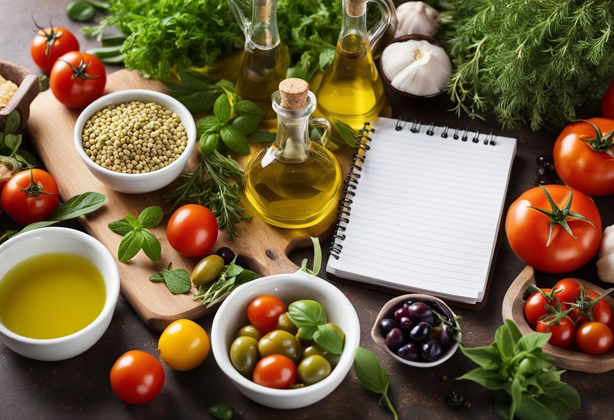 A table set with colorful Mediterranean ingredients, including olive oil, tomatoes, fish, and fresh herbs. A cookbook and a notepad with a pen are open, displaying recipes for anti-inflammatory dinners