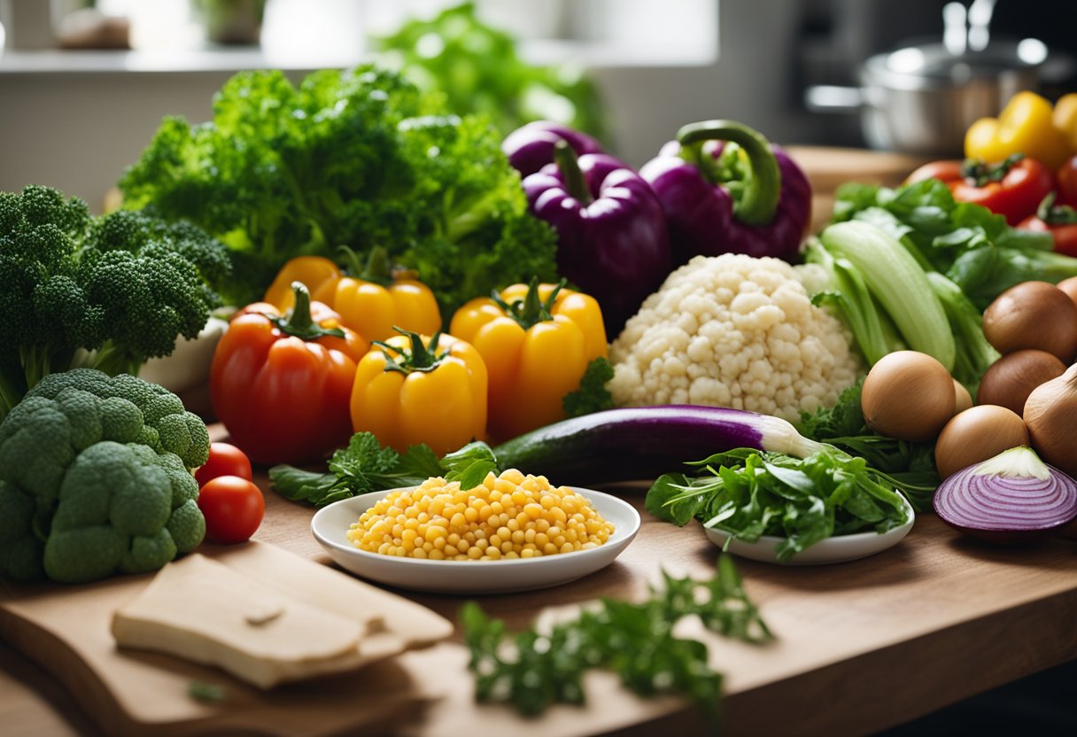 A colorful array of fresh vegetables, herbs, and lean proteins arranged on a clean, organized kitchen counter. A cookbook open to a page of Mediterranean-inspired recipes